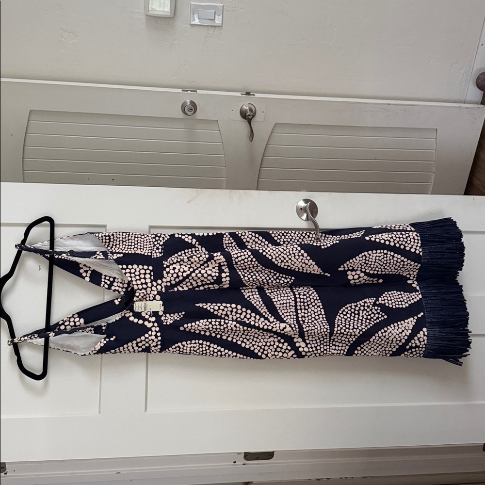 Johanna Ortiz Navy and White Printed Sleeveless Midi Dress with Fringe Hem - Picture 5 of 10